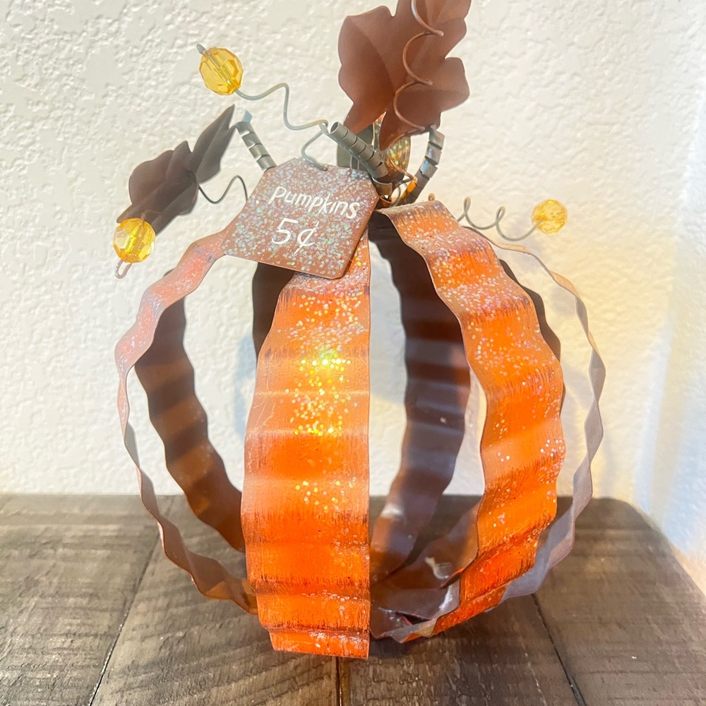 Holiday Metal Crimped Pumpkin Halloween Fall 10" Height Used READ